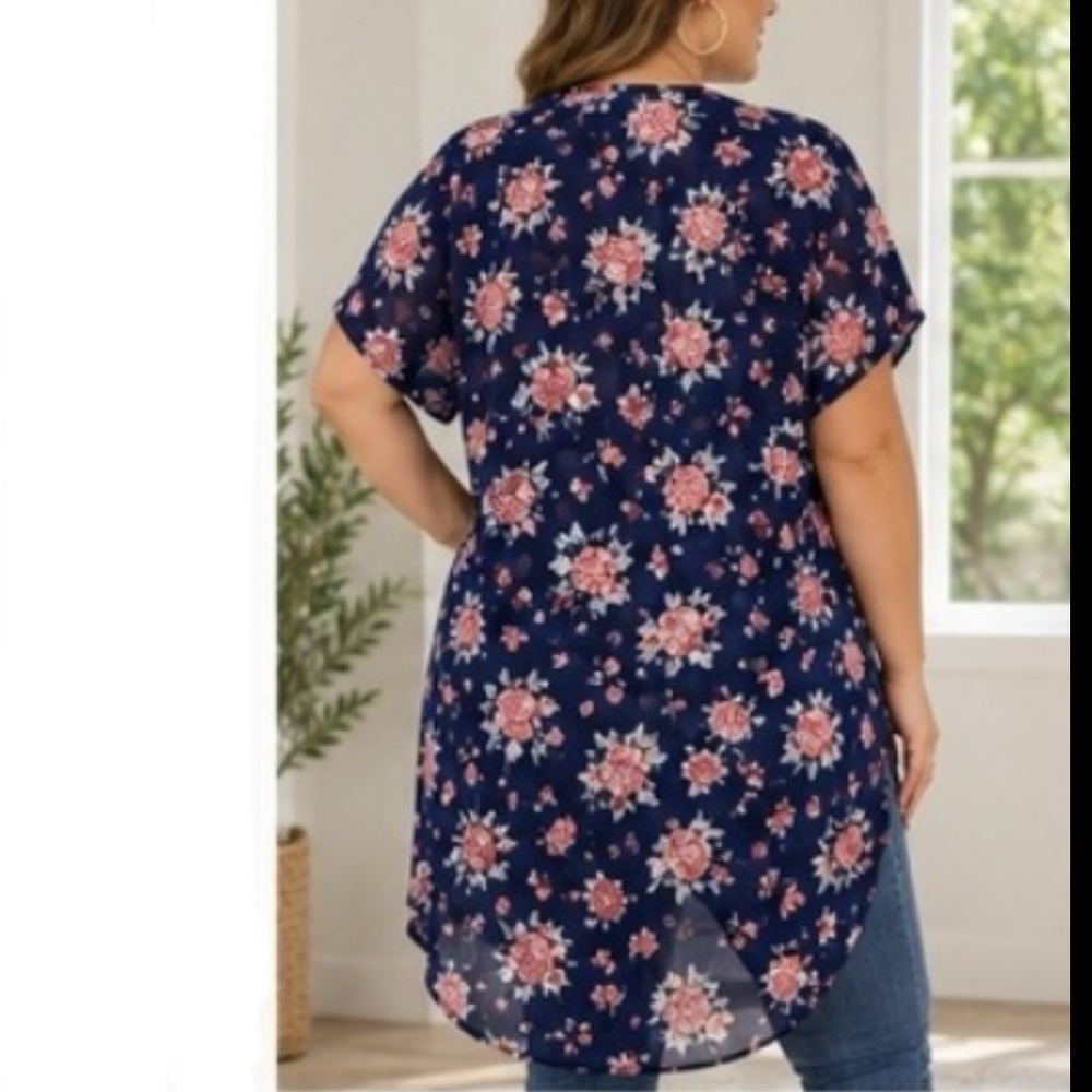 Torrid Blue Pink Floral Sheer Chiffon Duster Open Kimono Boho Layers Size 3X 4X‎ - Picture 3 of 10